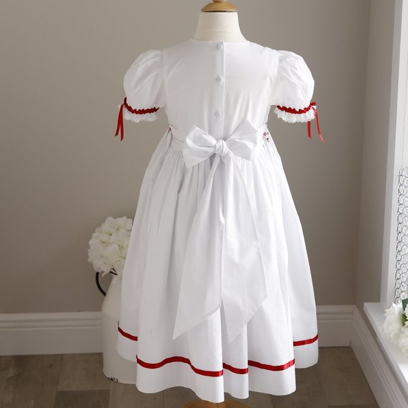 Strasburg Smocked Dress White with Red Trim Special Occassion Portrait - Picture 5 of 7
